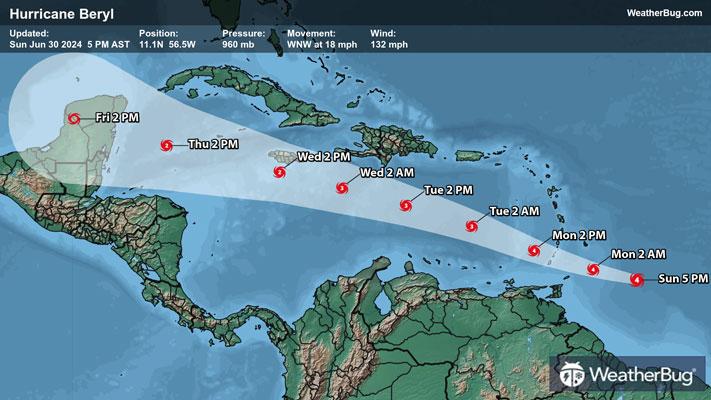 Major Hurricane Beryl's Forecast Track