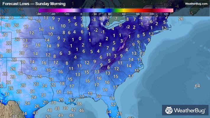 Sunday's Low Temperatures