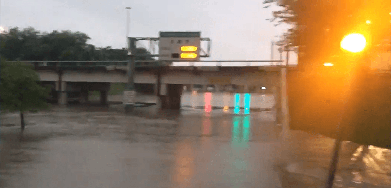 A screenshot of flooding in downtown Houston.