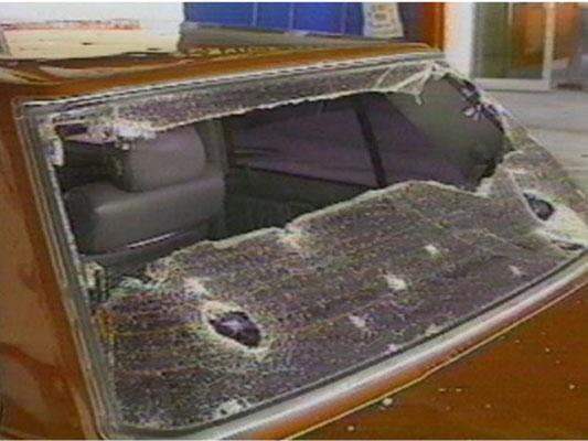 A damaged car window is seen following a hailstorm in the central Florida peninsula on March 25, 1992. (Courtesy of the National Weather Service in Melbourne, Fla.)