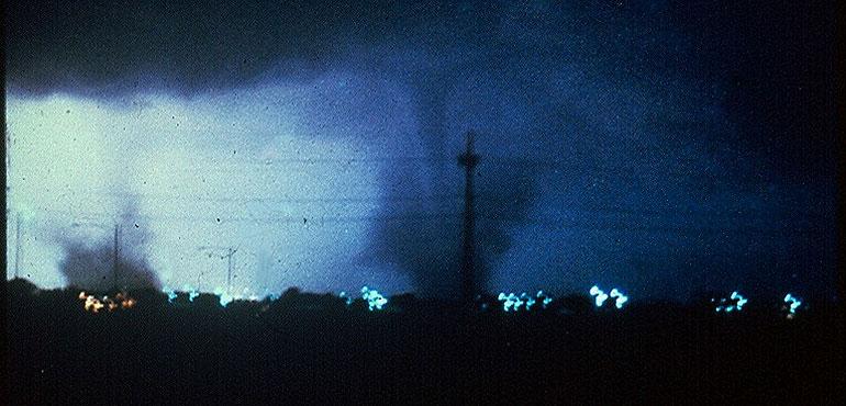 Tornadoes #2 (Left) and #3 (Right) looking north from North Johnson Drive, or roughly Webb and Faidley. Photo by Rod Gartner about 9:00 p.m. (National Weather Service website)