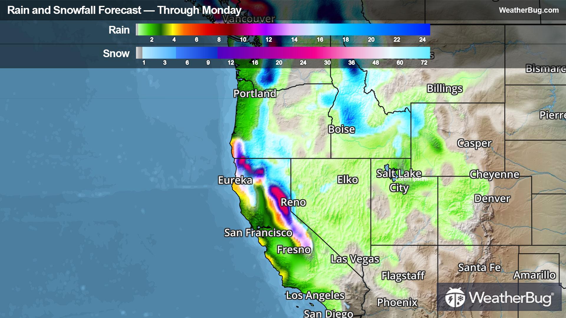 Rain and Snow Totals Through Monday