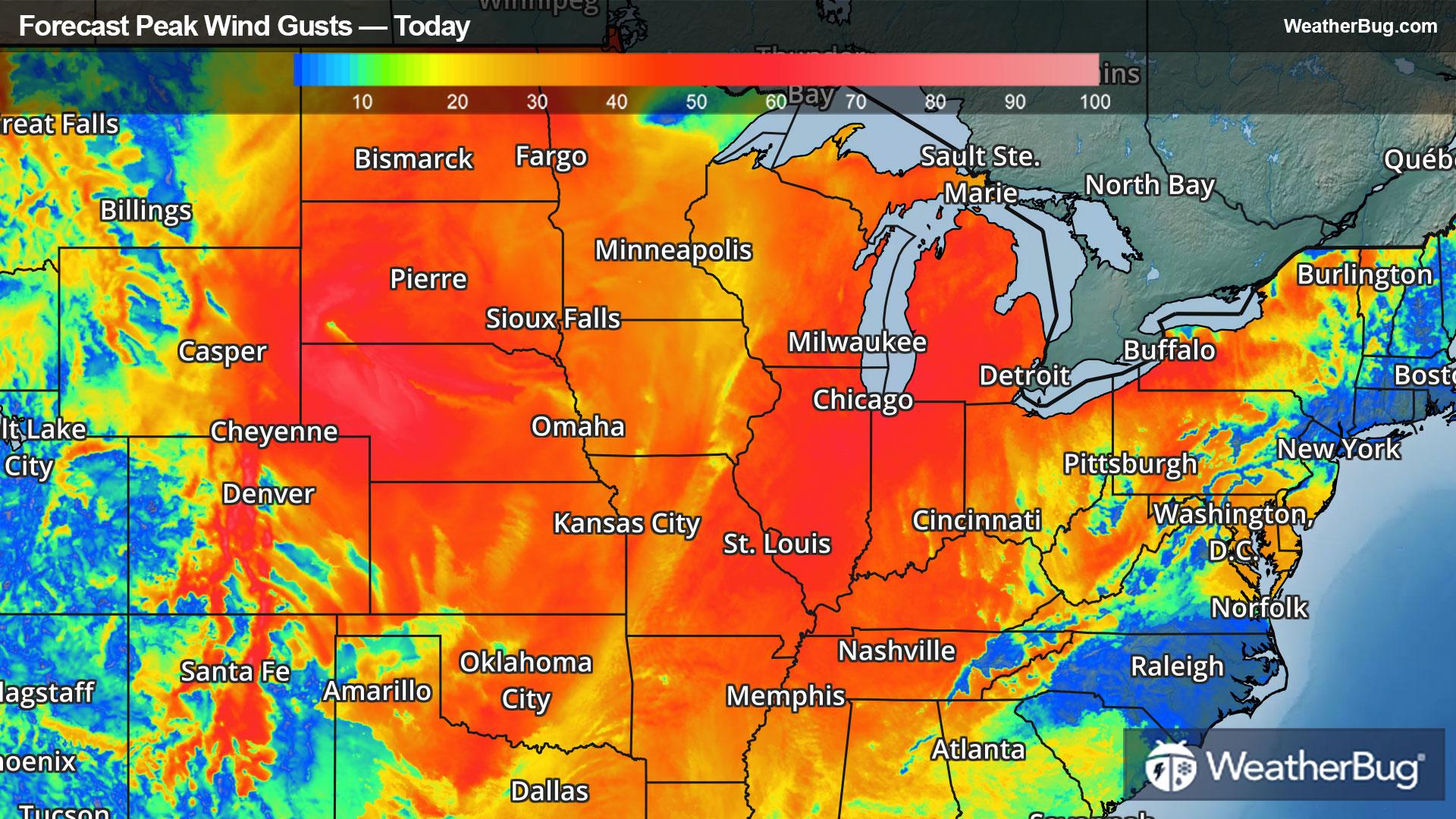 Forecast Peak Wind Gusts Today