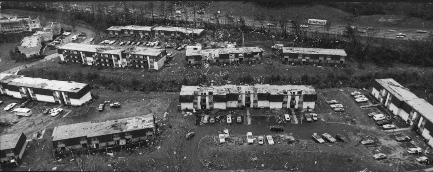 Tornado damage to Cross Creek apartment buildings, Atlanta, Georgia, March 24, 1975. (Atlanta Journal Constitution)