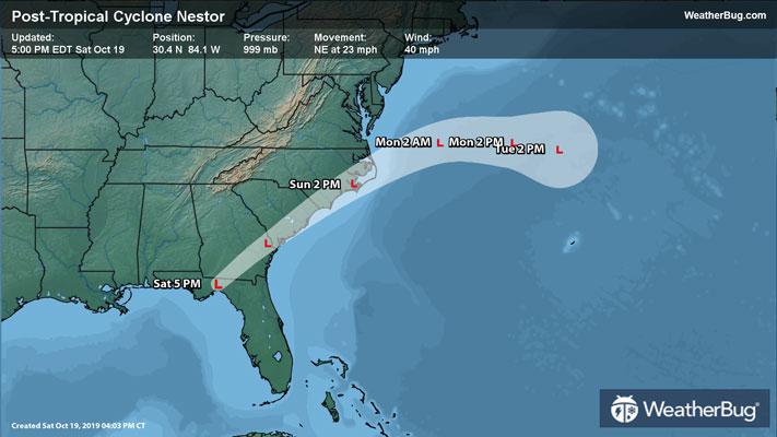 Forecast track for Post-Tropical Cyclone Nestor