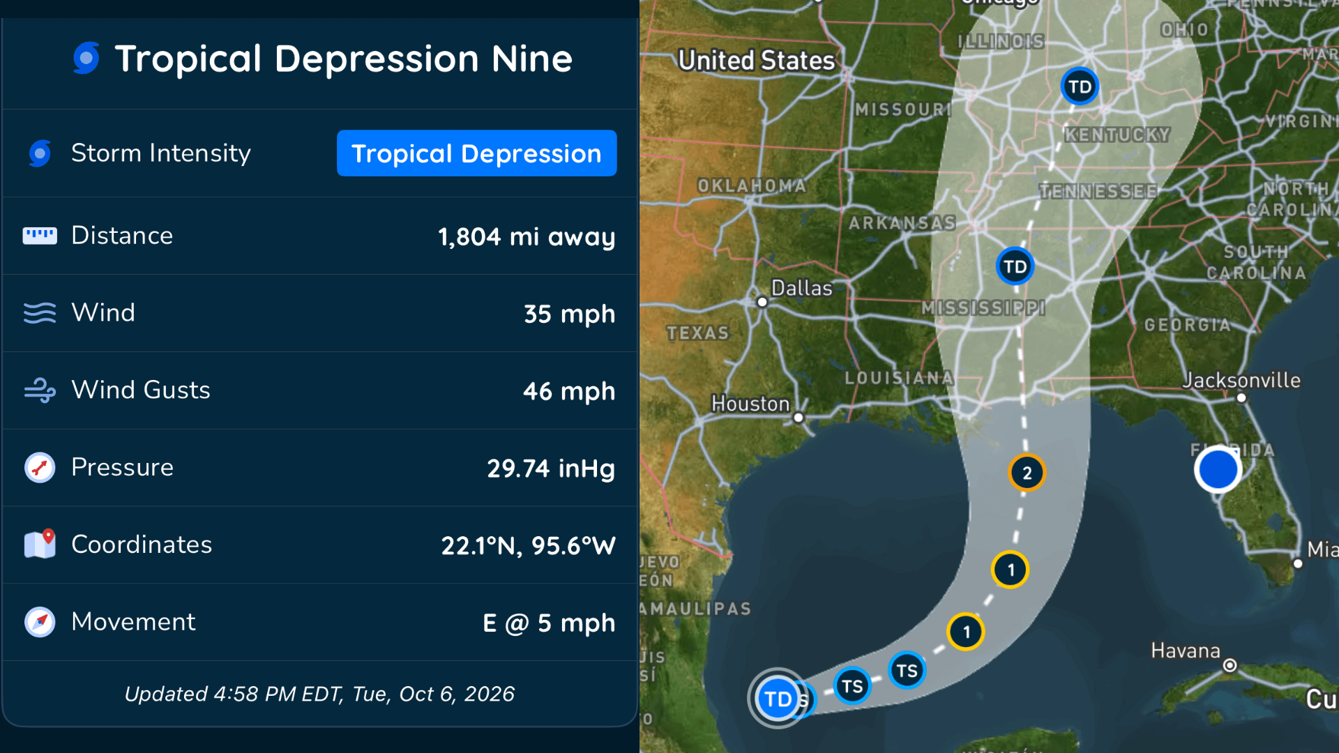 Probability of development from the National Hurricane Center. Update: Tuesday, October 6, 2026 2pm ET
