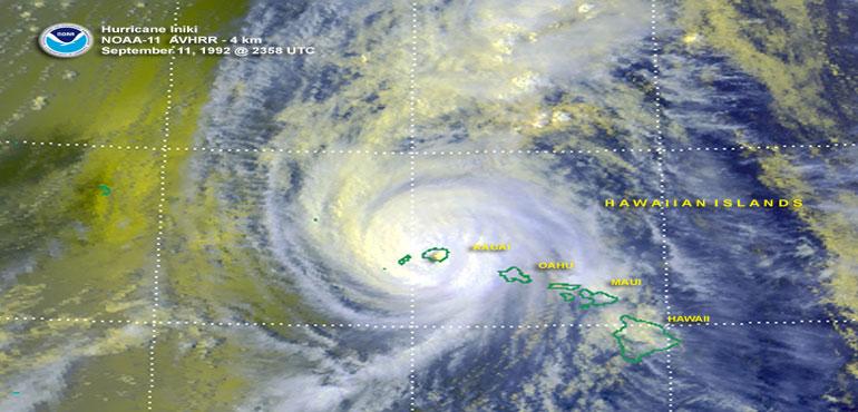 Hurricane Iniki as it made landfall over Kauai on September 11, 1992. (NOAA)