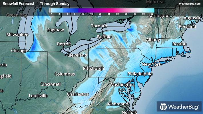 Snowfall forecast through Monday evening.