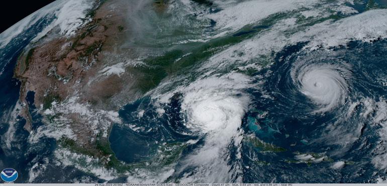 NOAA's GOES-16 satellite showing Hurricane Idalia approaching the western coast of Florida while Hurricane Franklin passed across the Atlantic Ocean on August 29, 2023. (Image credit: NOAA Satellites )