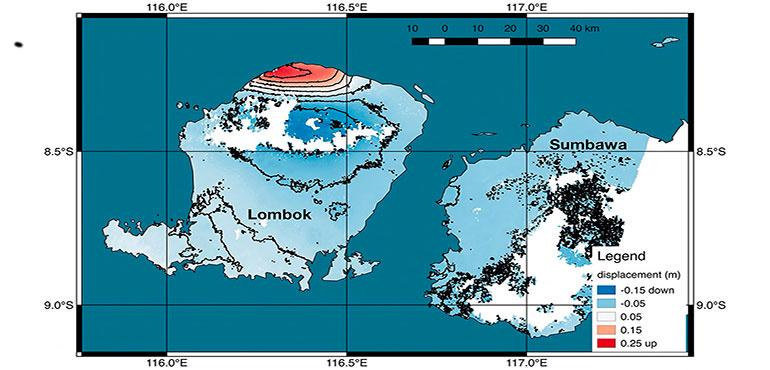 This graphic made available by NASA shows a map of new satellite data produced by scientists with NASA/Caltech's Advanced Rapid Imaging and Analysis project (ARIA) showing ground deformation on the resort island of Lombok, Indonesia following a deadly earthquake on Aug. 5, 2018. Scientists say the powerful Indonesian earthquake that killed more than 300 people lifted the island it struck by as much as 25 centimeters (10 inches). (NASA/JPL-Caltech/Copernicus/ESA via AP)