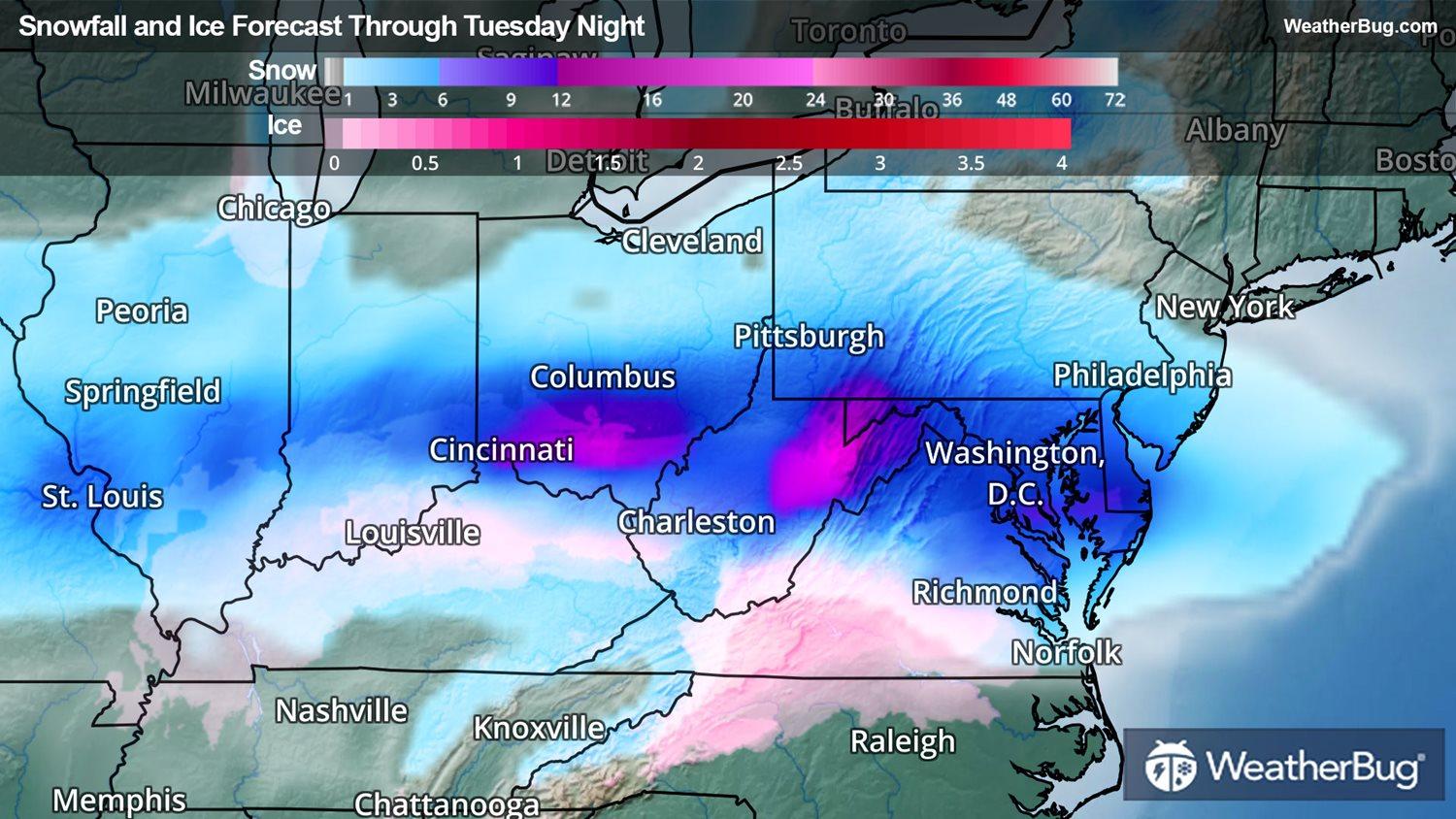 Forecast Ice and Snowfall Accumulations Through Tuesday Night