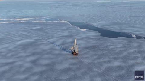 Iceboat Glides Across Frozen New York Lagoon